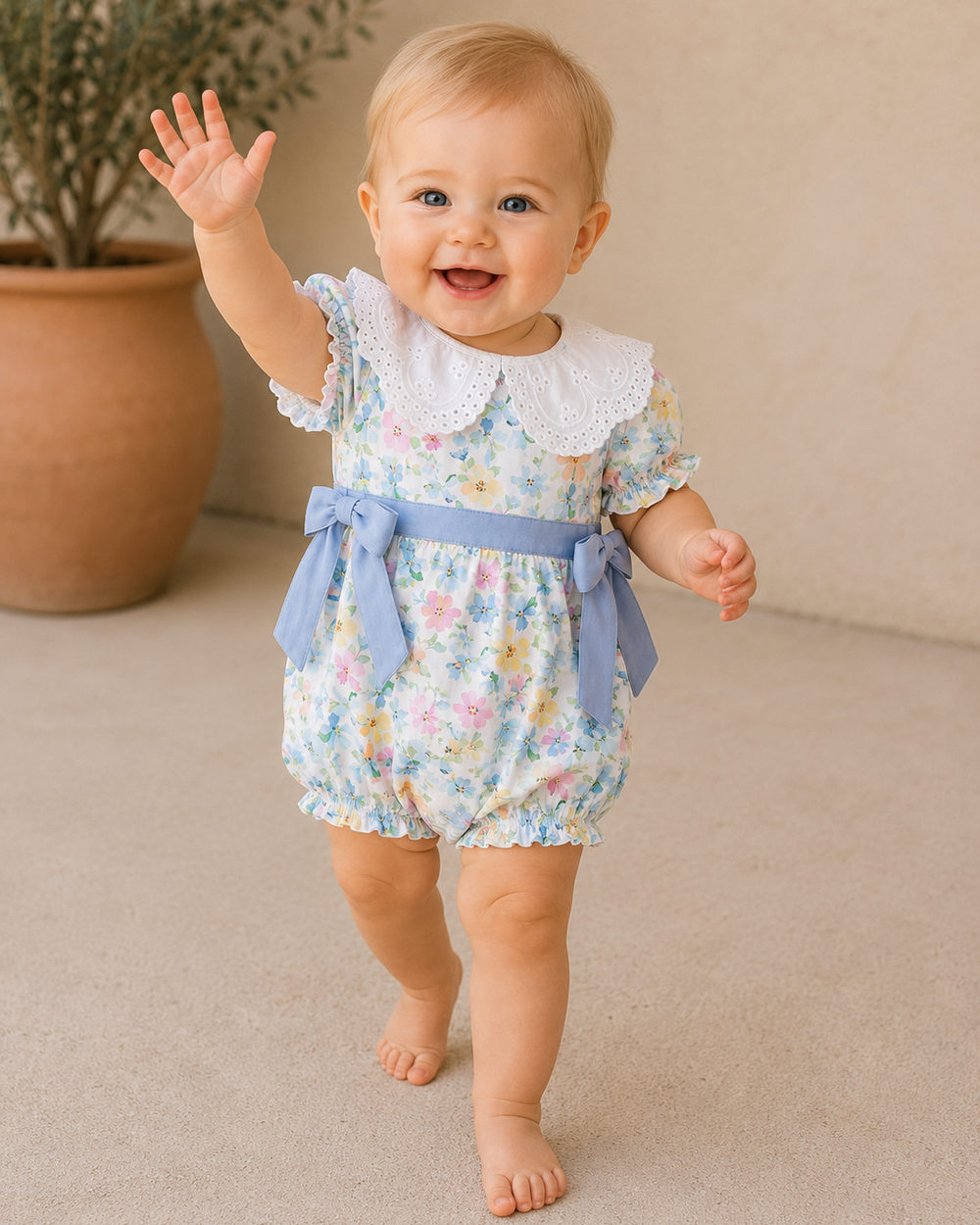 Baby in a floral romper with a blue sash standing on a beige floor.
