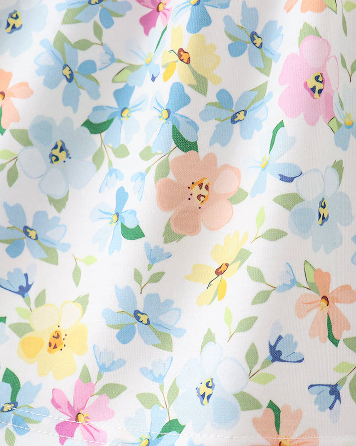 Floral patterned fabric with colorful flowers on a white background