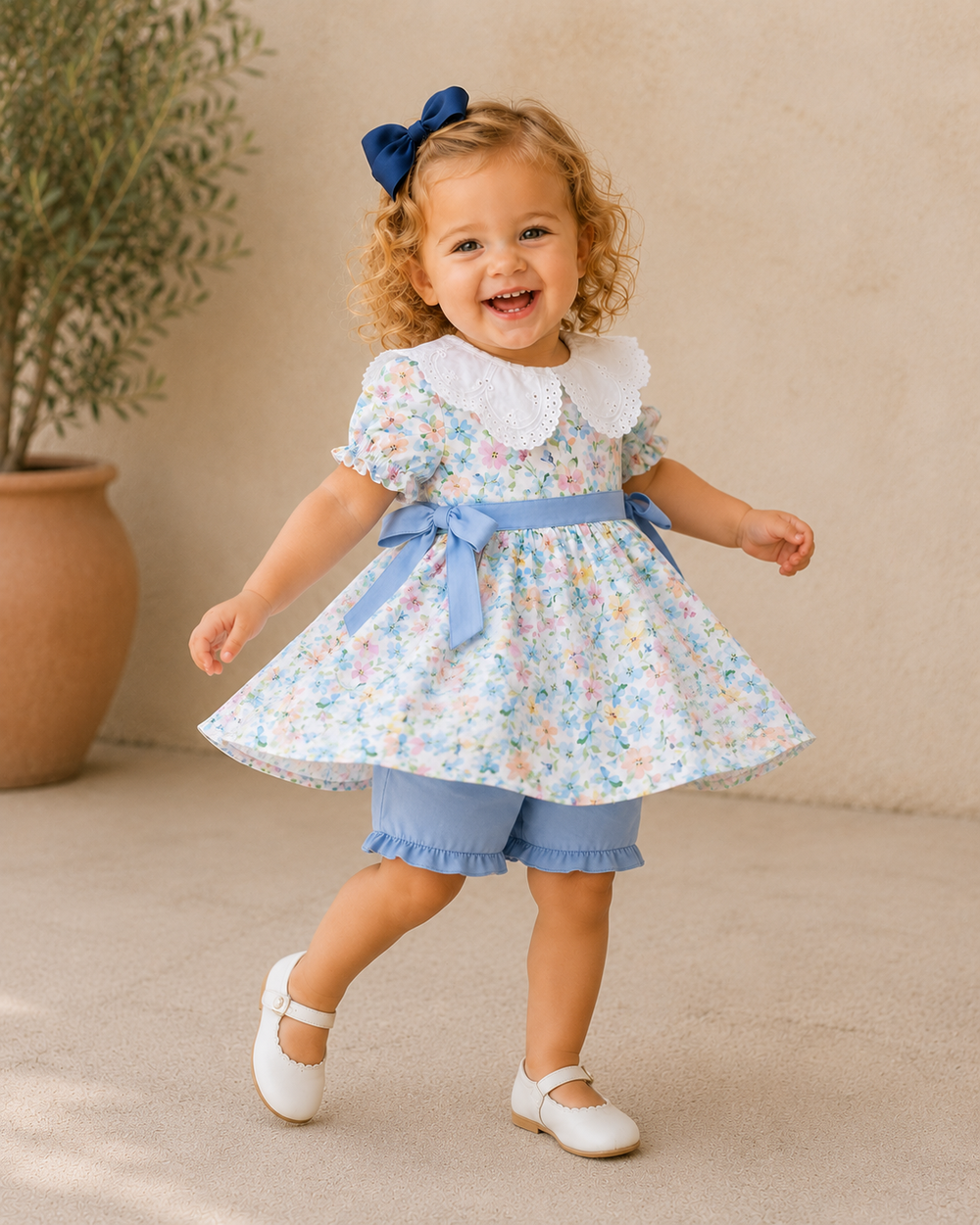 Child wearing a floral dress with a blue ribbon and matching shorts, standing on a beige floor.