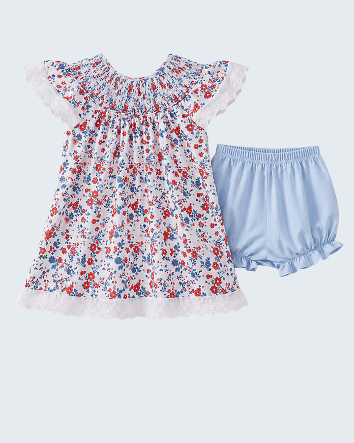 Blue Floral Lace Smocked Bloomer Set