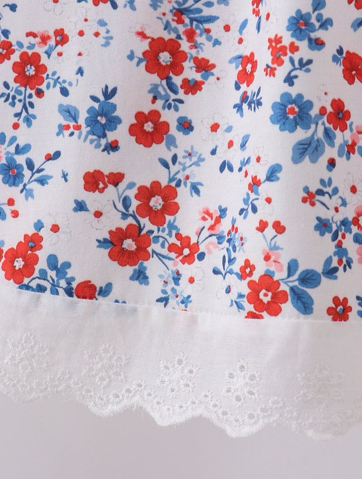 Floral pattern with red and blue flowers on a white background