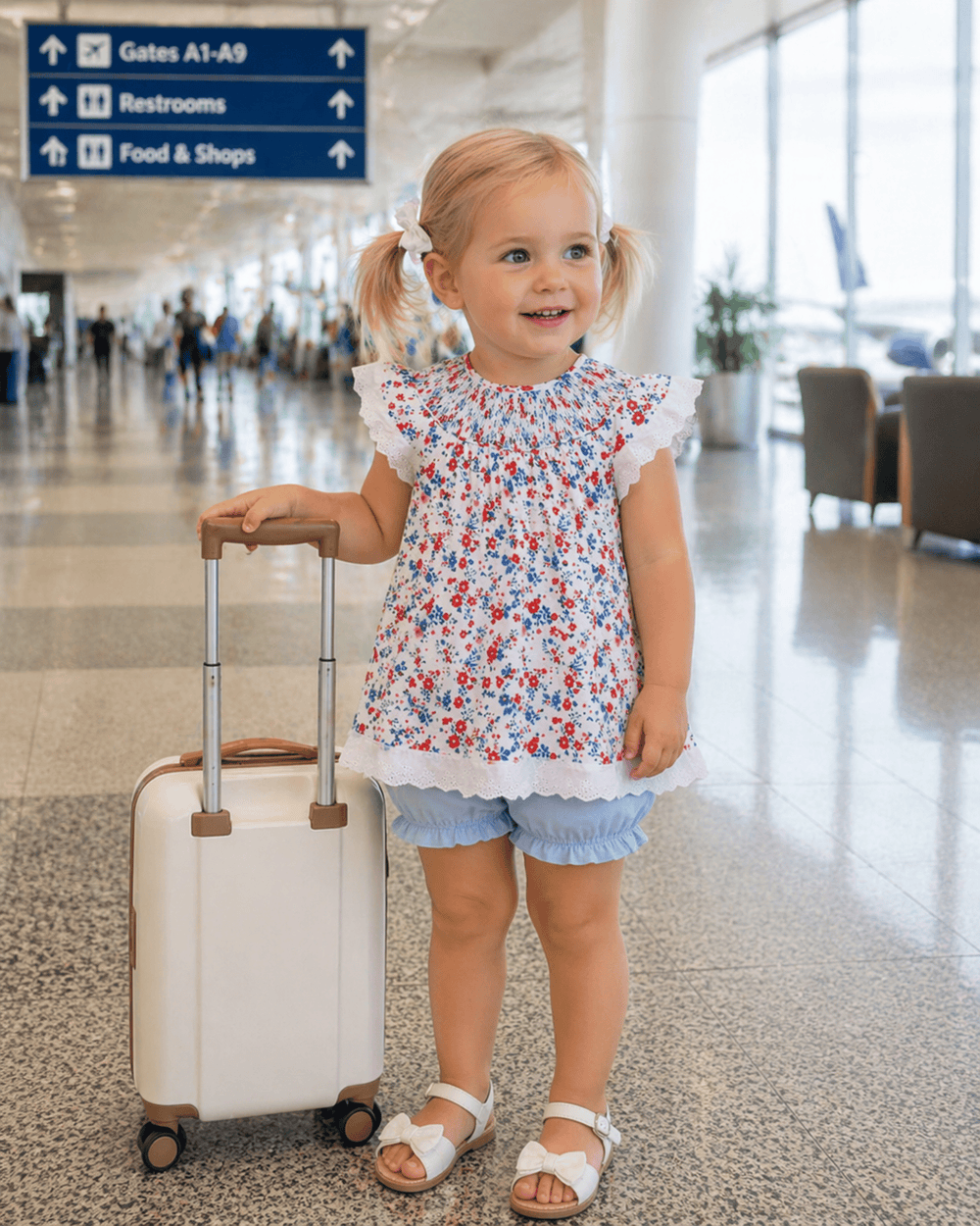 Young girl with a floral dress holding a suitcase in an airport terminal.