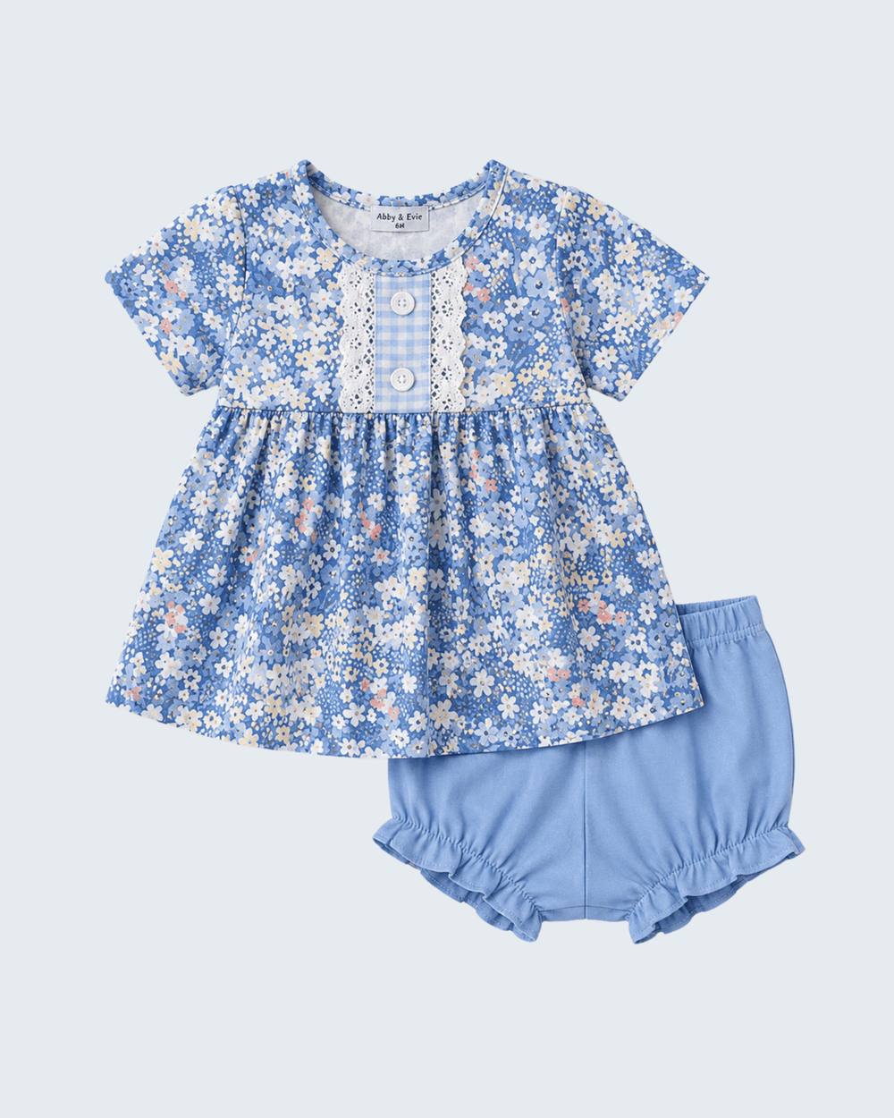 Blue floral bloomer set, short-sleeve dress with button placket and matching bloomers