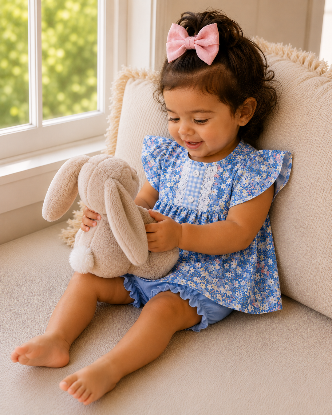 Blue floral bloomer set worn by a baby: short dress with matching bloomers