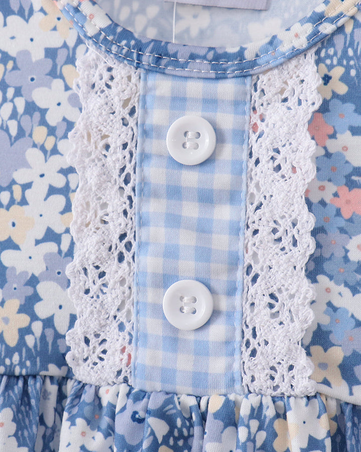 Blue floral bloomer set with lace-trimmed bodice, gingham panel, and front buttons