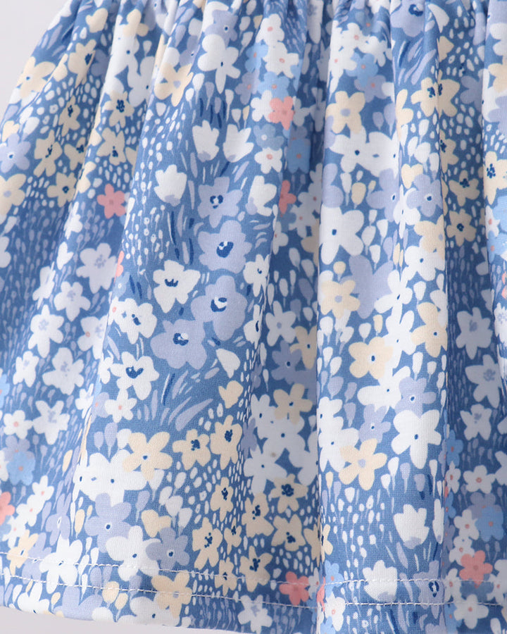 Blue floral bloomer set skirt with gathered waist and fluttery tiered hem