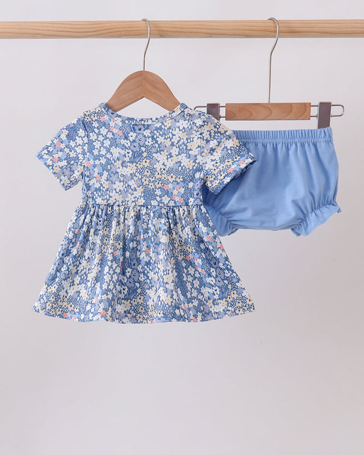 Blue floral bloomer set with short-sleeve dress and matching blue bloomers