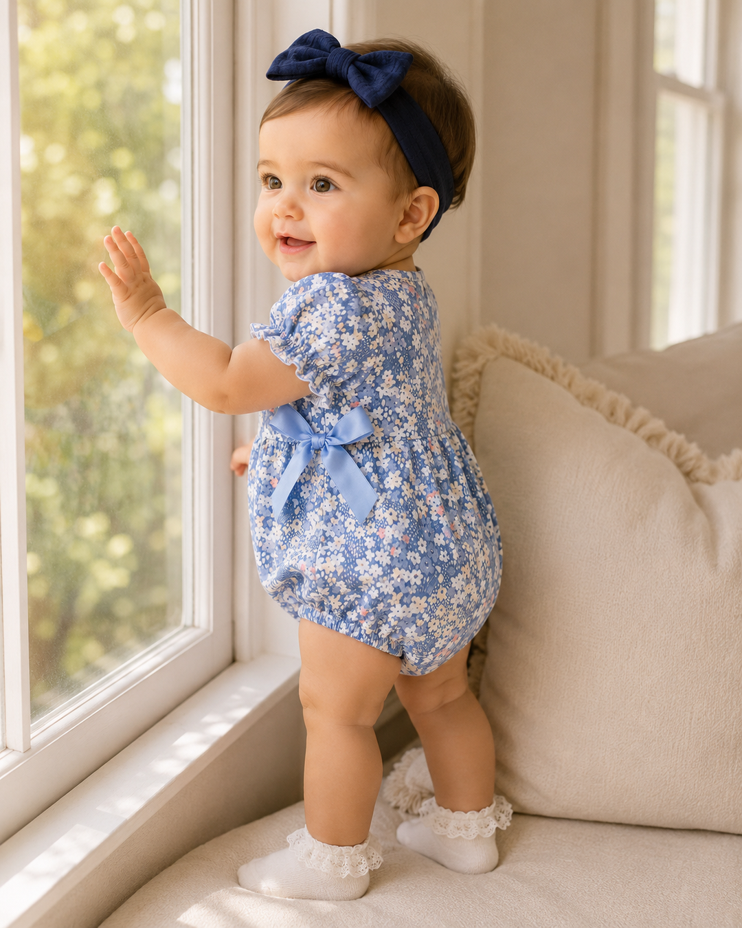 Toddler wearing blue floral bubble romper with navy bow headband and short flutter sleeves
