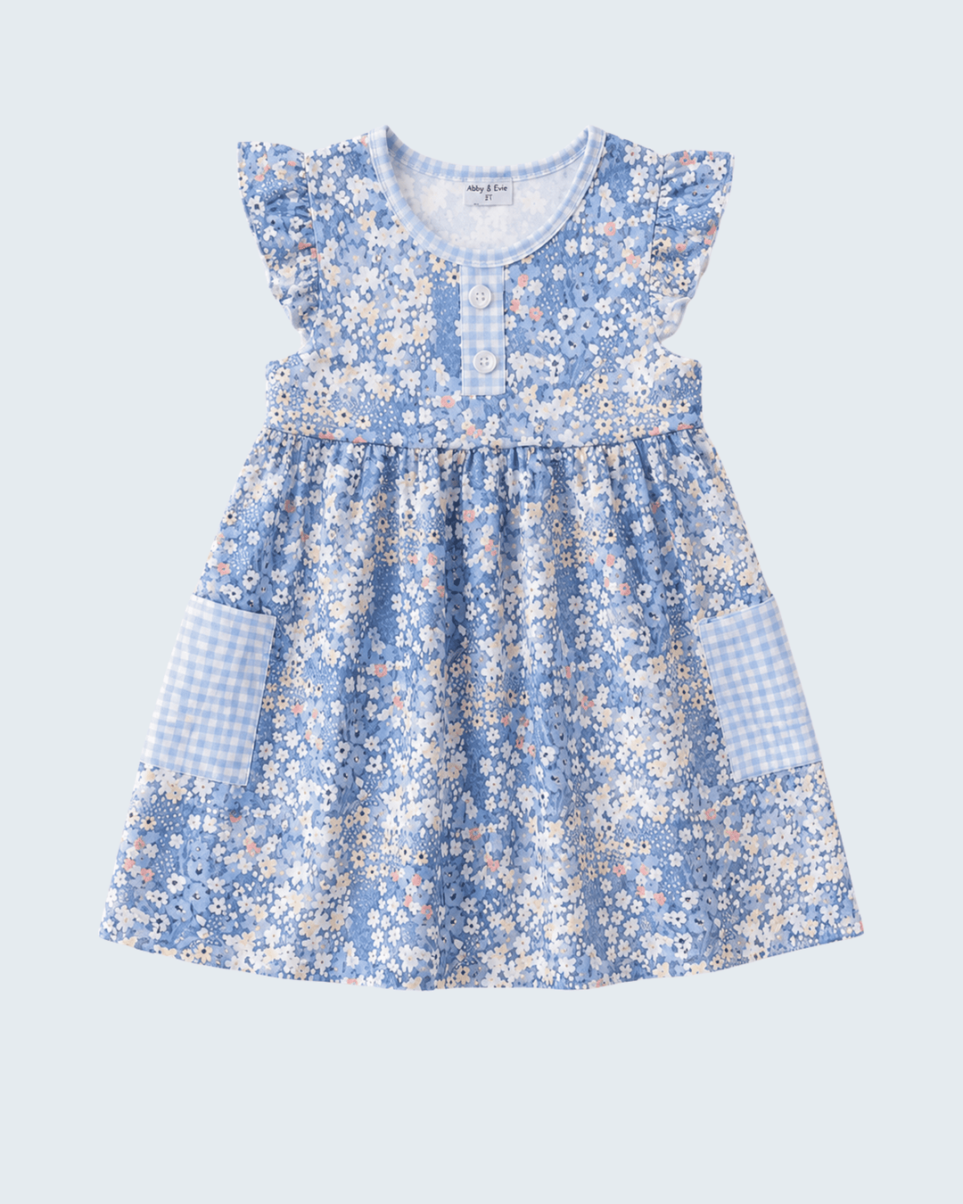 Blue floral dress with front button placket, flutter sleeves, and gathered skirt