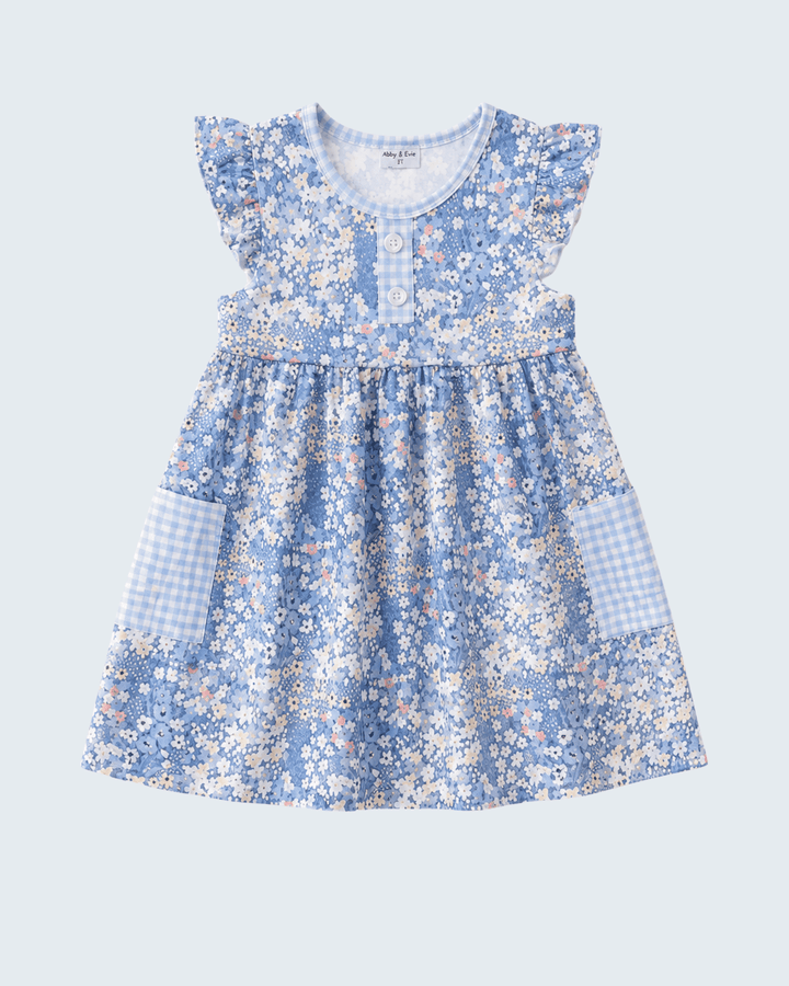 Blue floral dress with front button placket, flutter sleeves, and gathered skirt