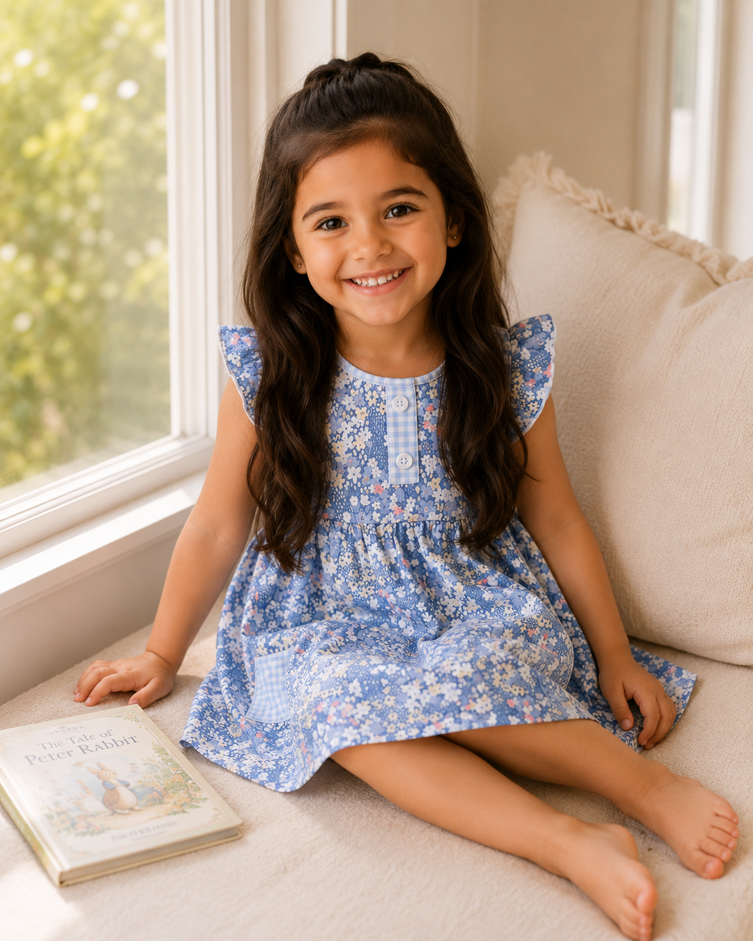 Girls blue floral dress with flutter sleeves and gathered skirt