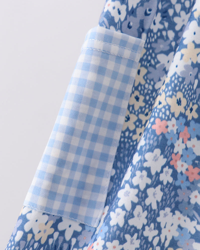 Blue floral print dress with ruffled cap sleeve and contrast gingham yoke panel