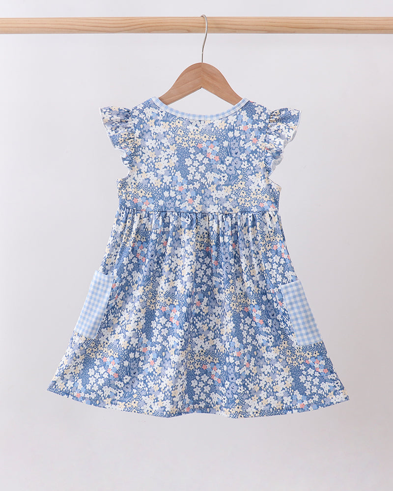 Blue floral print A-line dress with flutter sleeves and gathered waist