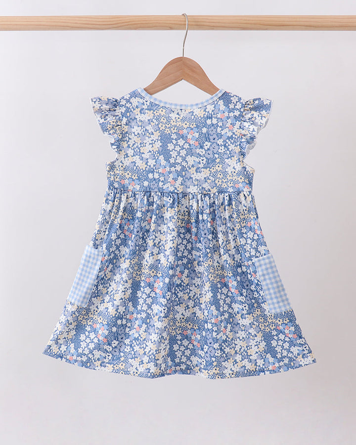 Blue floral print A-line dress with flutter sleeves and gathered waist
