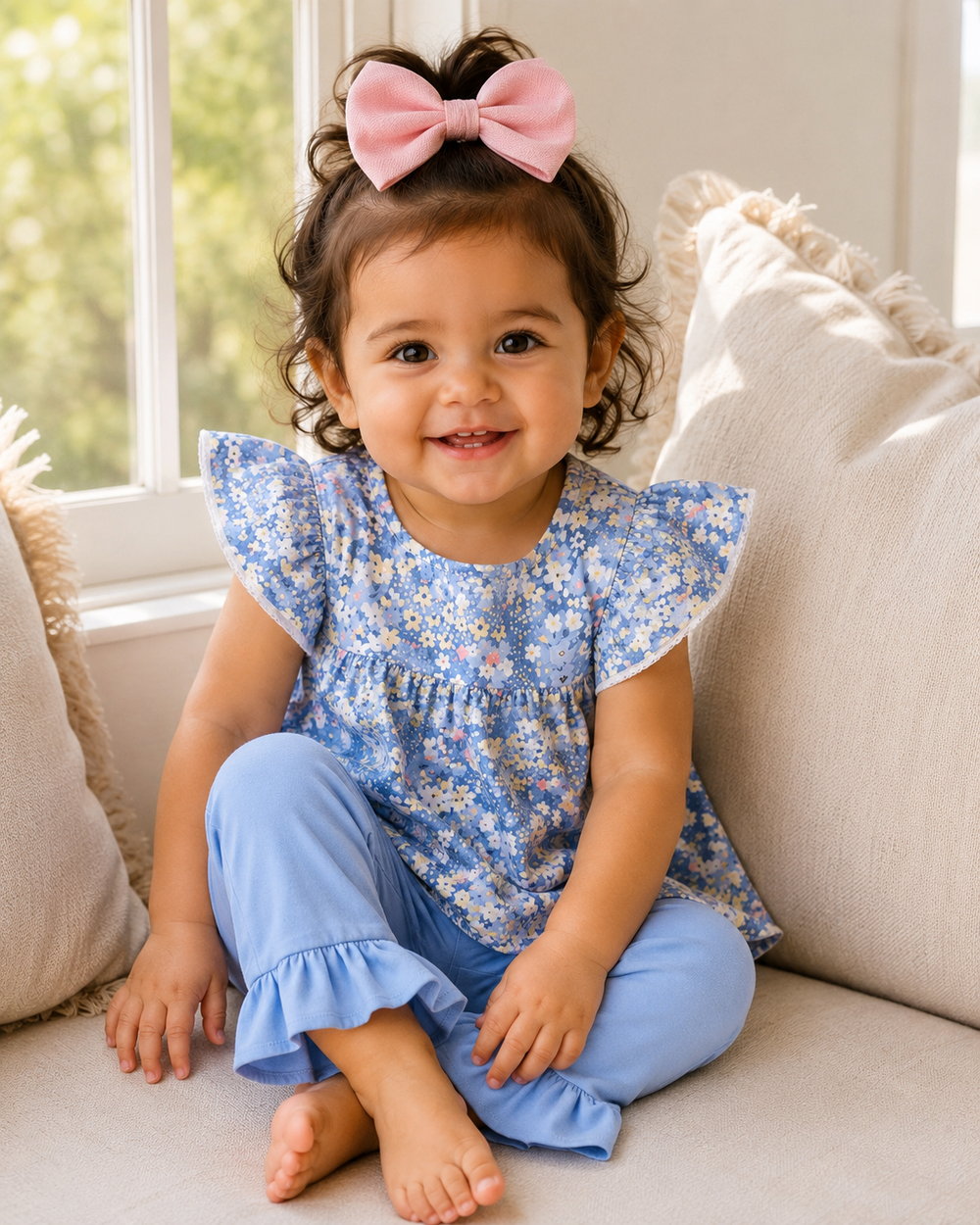 Toddler wearing blue floral ruffle top and light blue pants with ruffled hems
