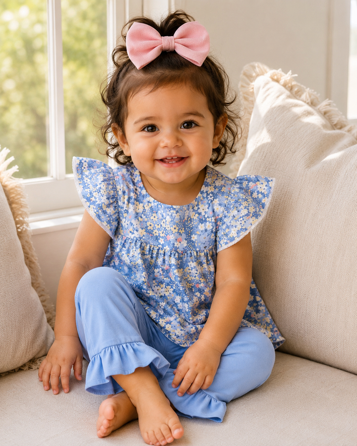 Toddler wearing blue floral ruffle top and light blue pants with ruffled hems