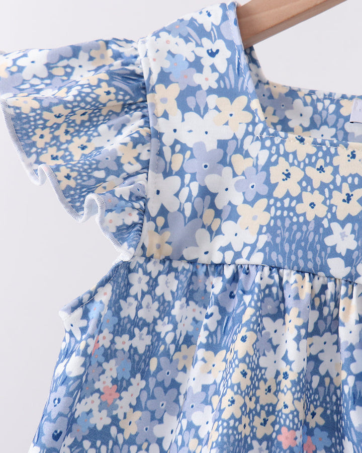 Blue floral print ruffle-sleeve top with gathered elastic neckline and waist
