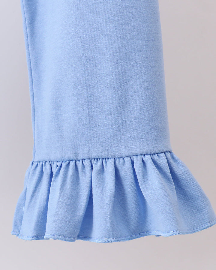 Light blue pants with elastic waist and ruffled hem cuffs