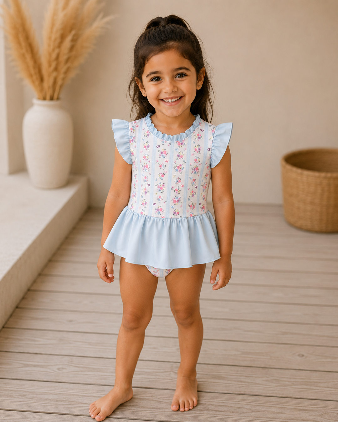 Young girl wearing a light blue dress with floral embroidery on a wooden floor.
