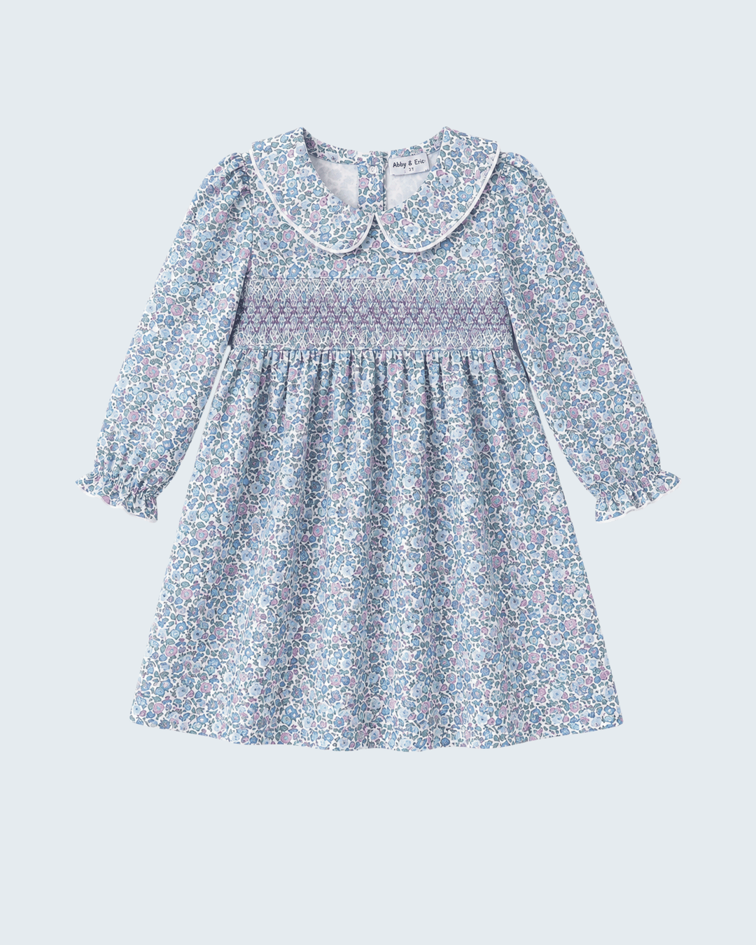 Blue floral smocked long-sleeve dress with Peter Pan collar and gathered skirt