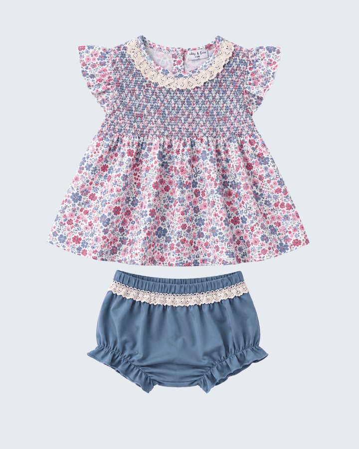Blue Floral Smocked Ruffle Bloomer Set on light grey background