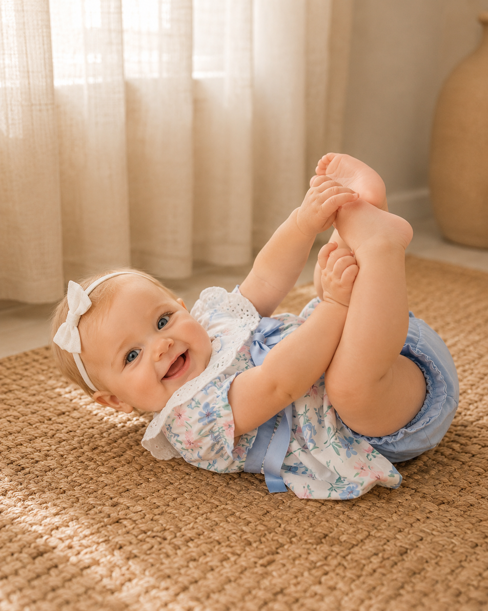 Baby in a floral dress and shorts sitting on a carpeted floor with curtains in the background.