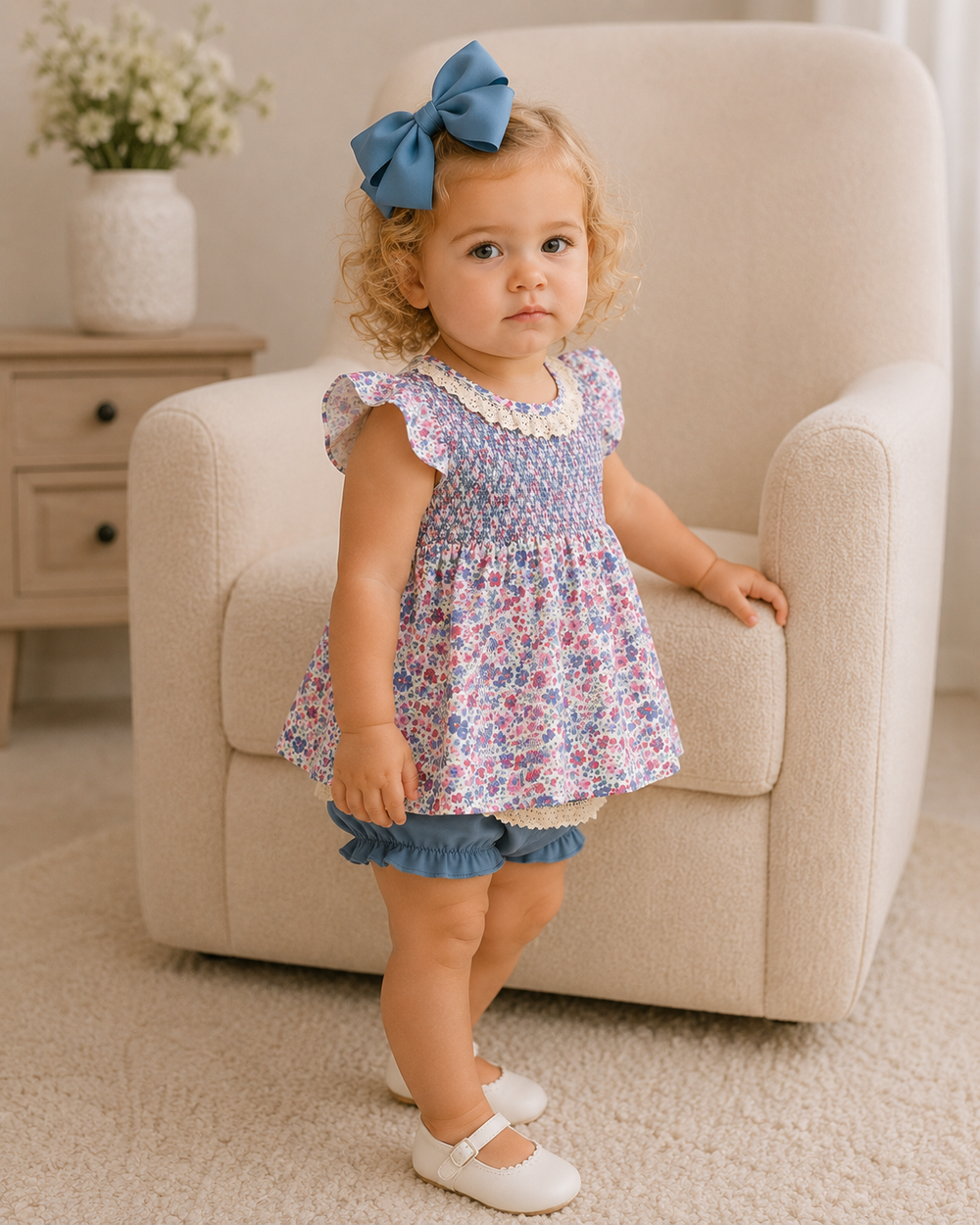 Toddler is standing in front of a cozy hair
