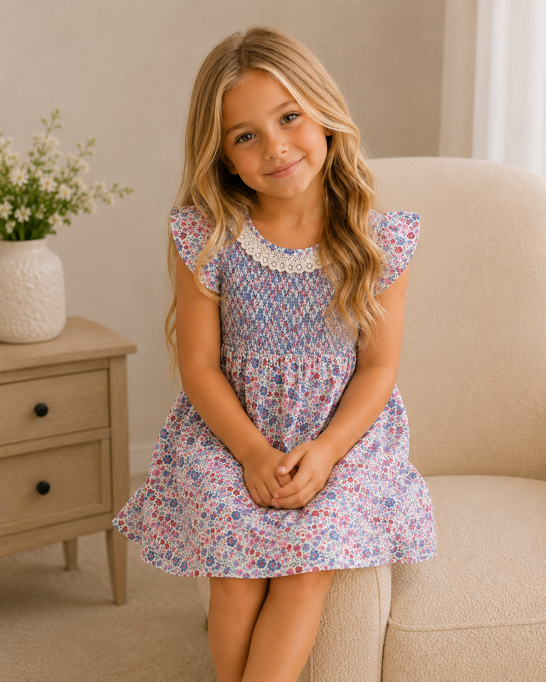 Young girl sitting on the armrest of a cozy chair