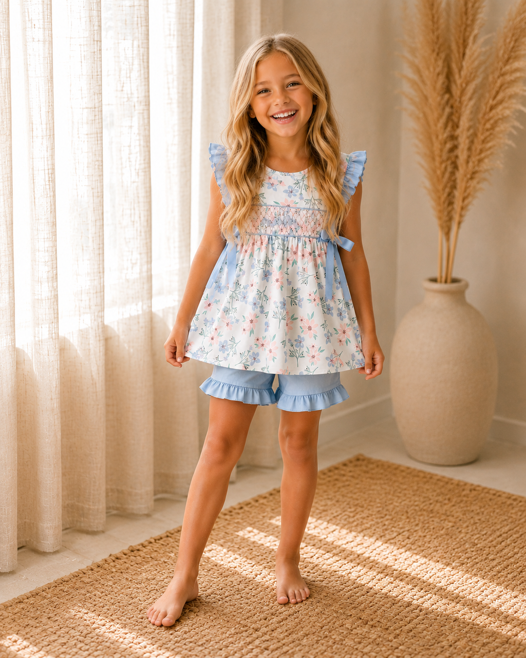 Young girl in a floral dress standing in a softly lit room with curtains and a vase.