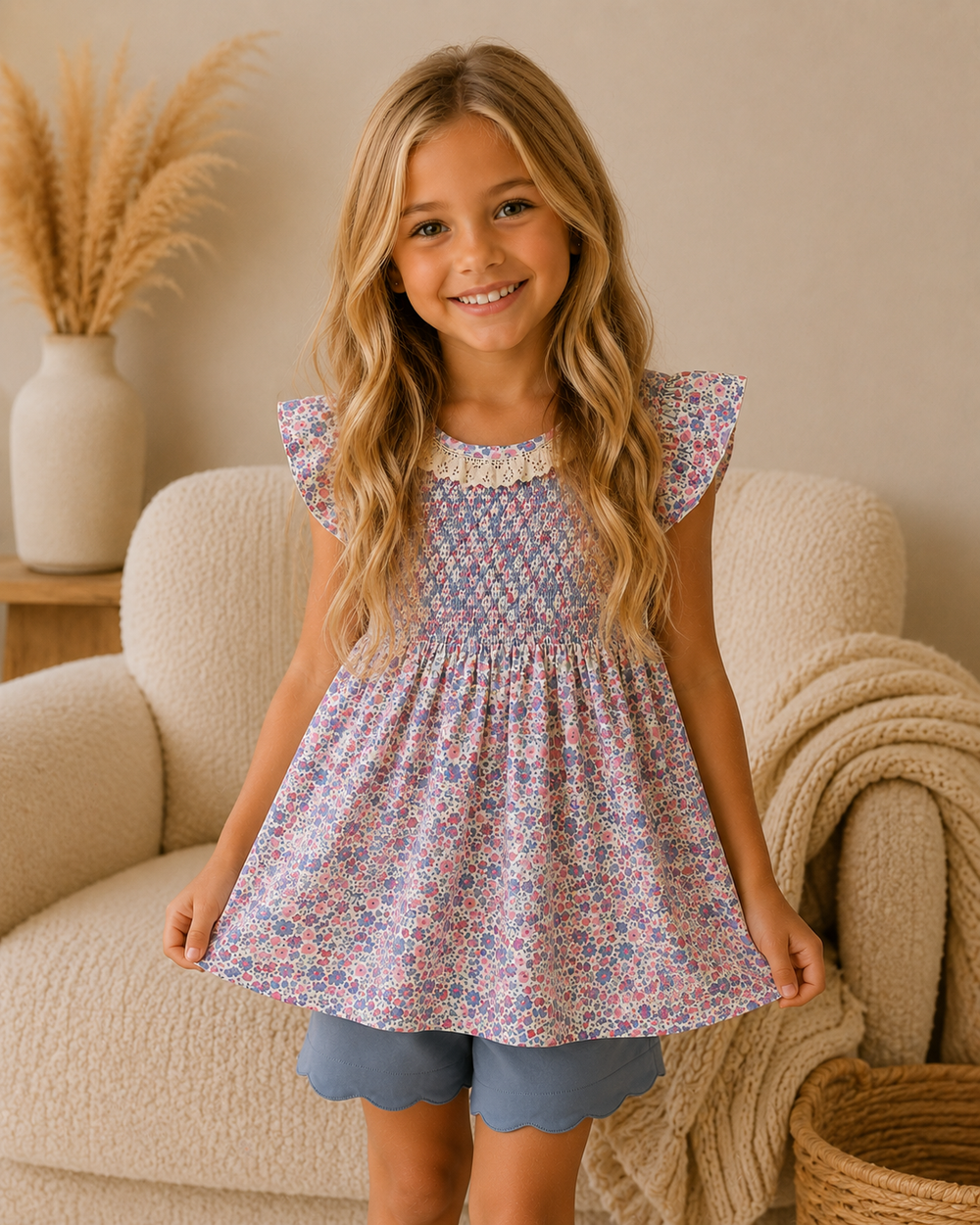 Young girl is standing in front of a cozy chair in a neutral living room
