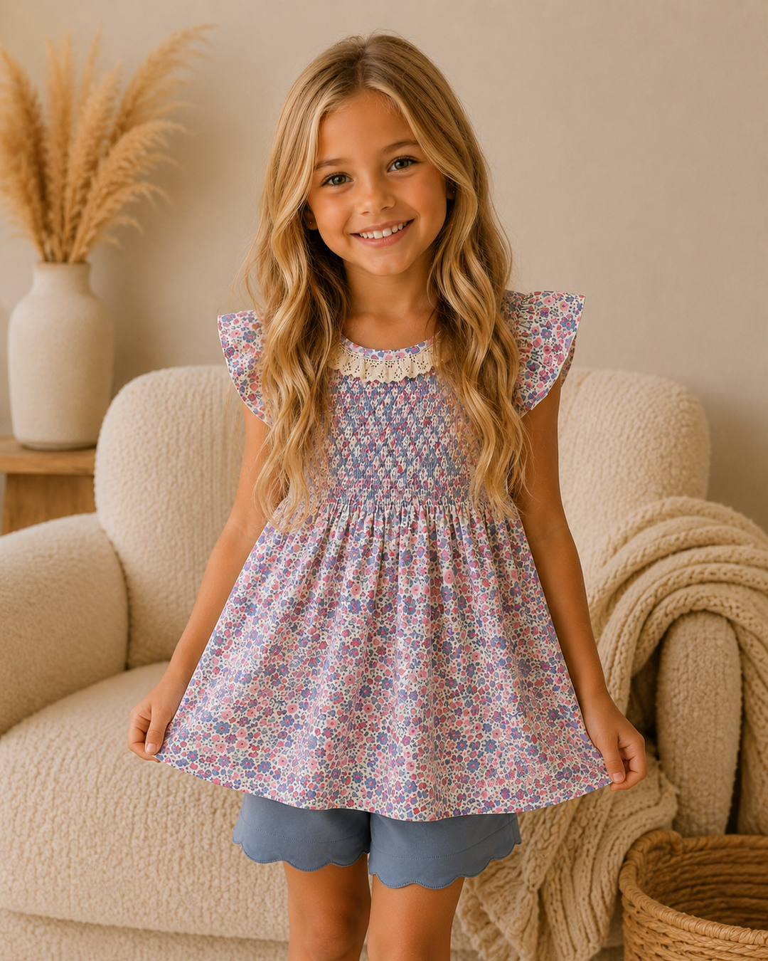 Young girl is standing in front of a cozy chair in a neutral living room