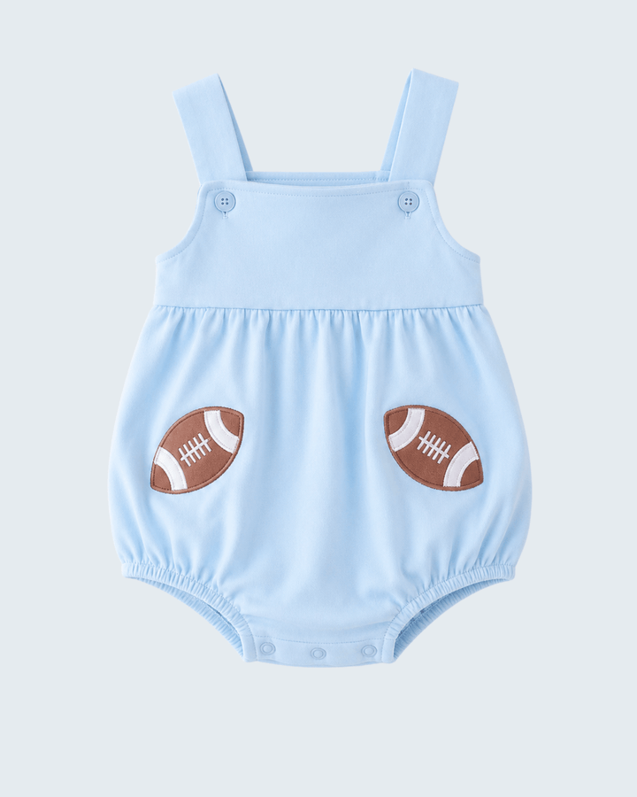 Light blue baby bubble romper with two brown football appliques on front and snaps