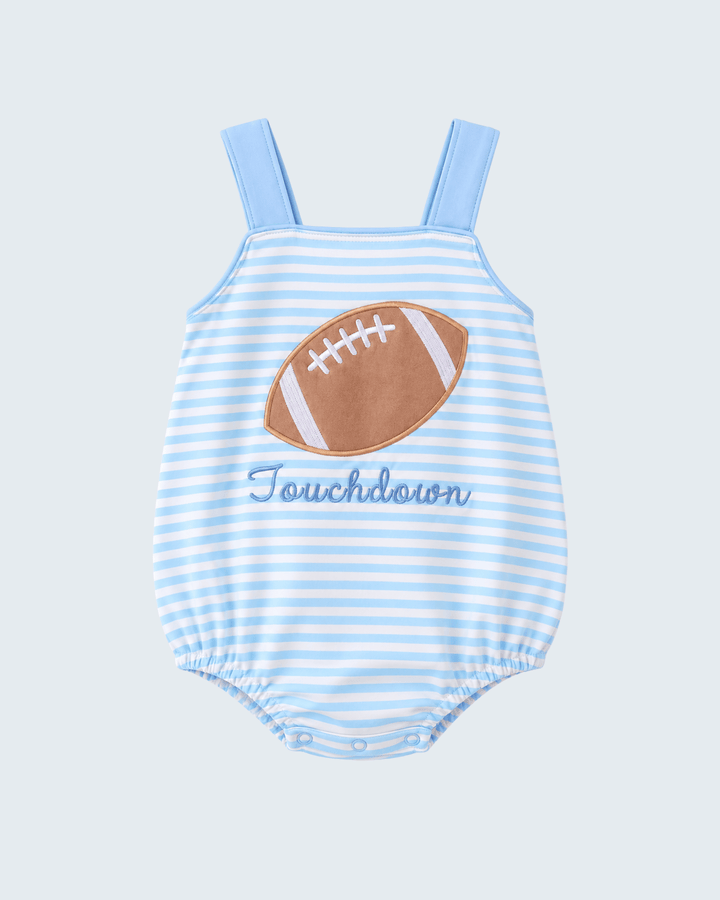 Blue and white striped baby romper with football applique and “Touchdown” text on chest