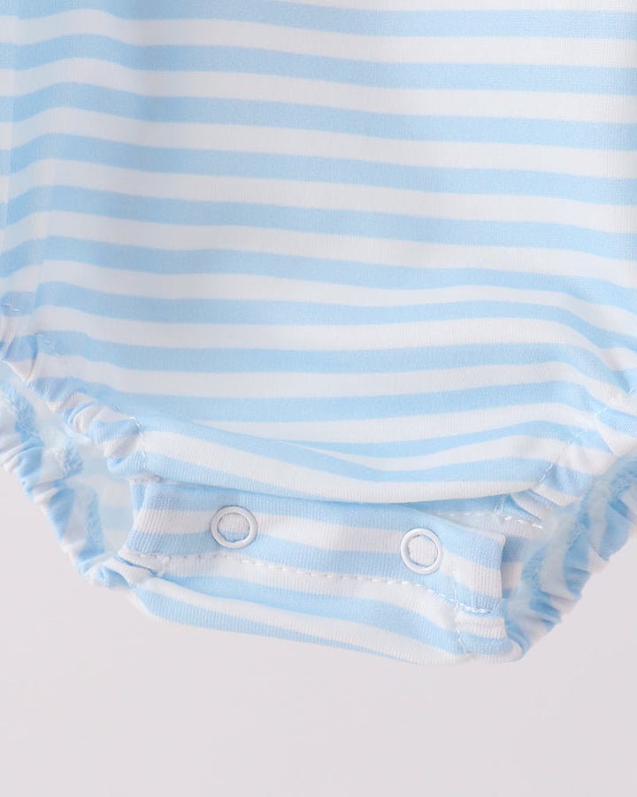 Blue and white striped baby romper with snap leg openings and gathered hem cuffs