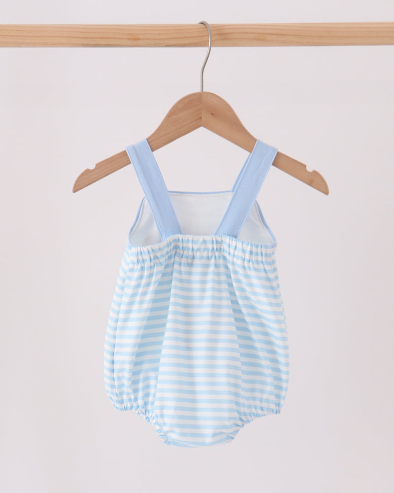 Blue and white striped baby bubble romper with shoulder straps and elastic leg openings