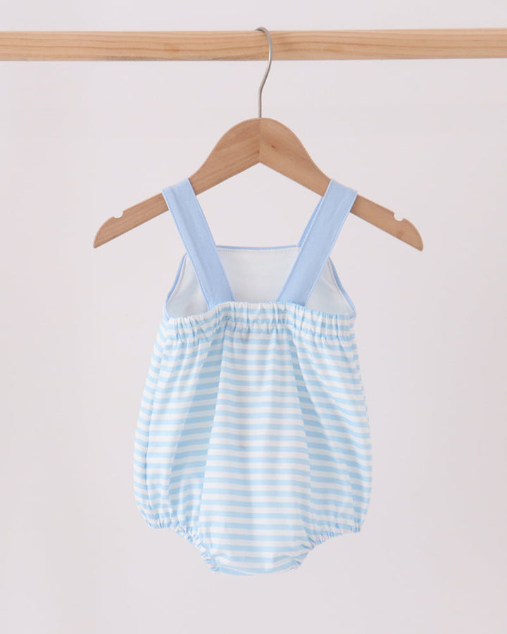 Blue and white striped baby bubble romper with shoulder straps and elastic leg openings