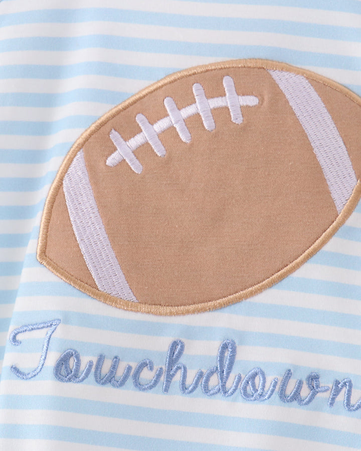 Football applique patch on blue-and-white striped romper with “Touchdown” embroidery