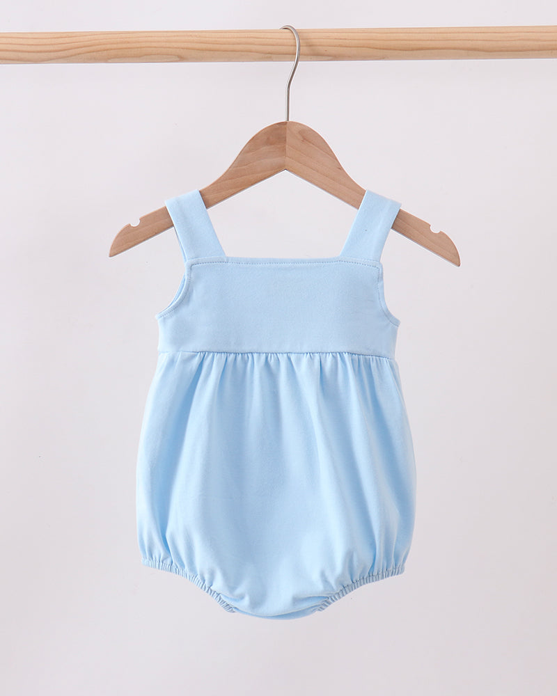 Light blue sleeveless baby bubble romper on hanger, gathered waist, snap leg buttons
