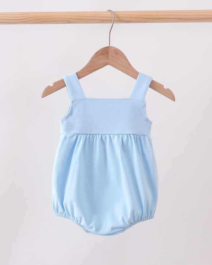 Light blue sleeveless baby bubble romper on hanger, gathered waist, snap leg buttons