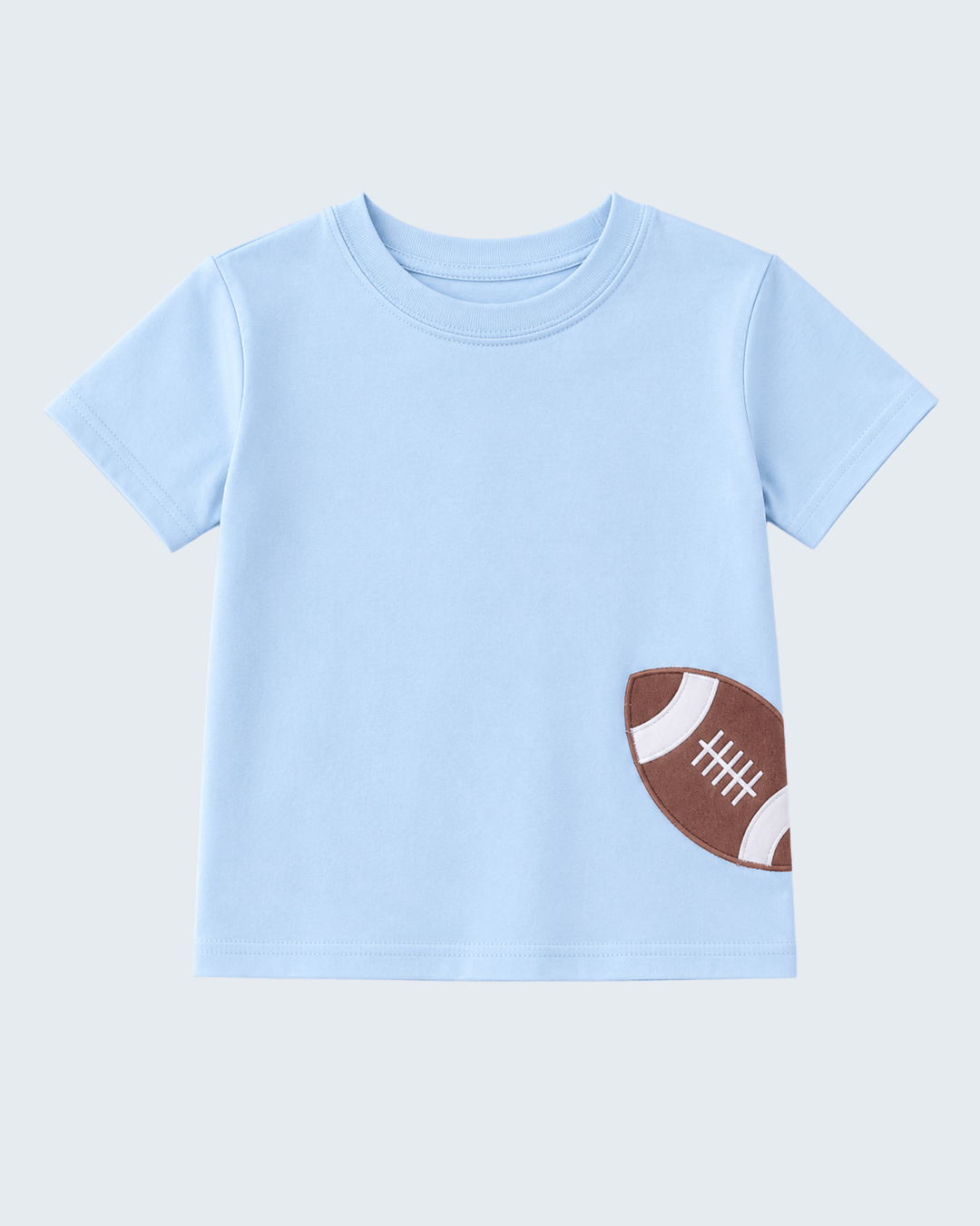 Light blue t-shirt with brown football applique patch on the chest