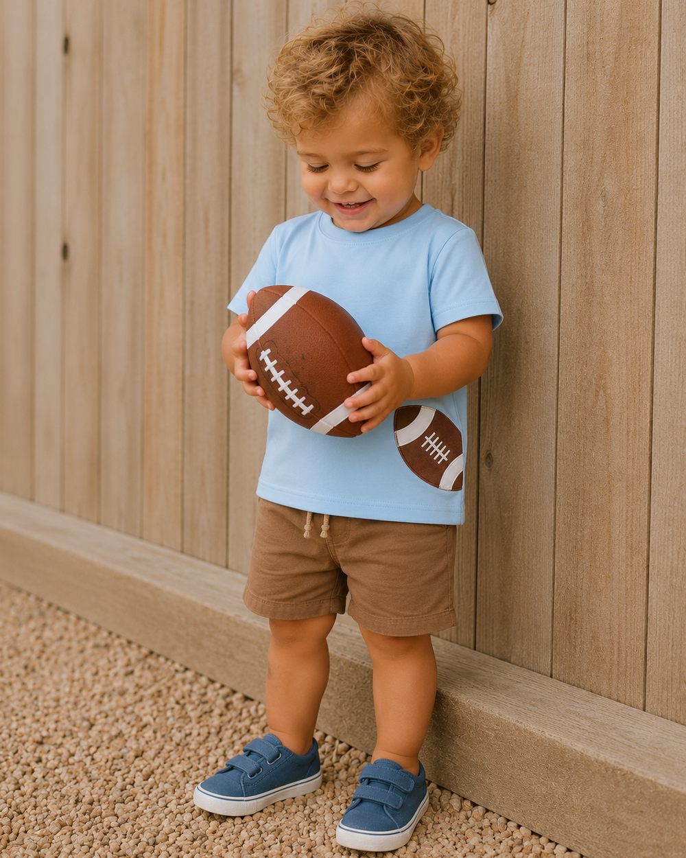 Child in light blue football applique t-shirt holding a brown football