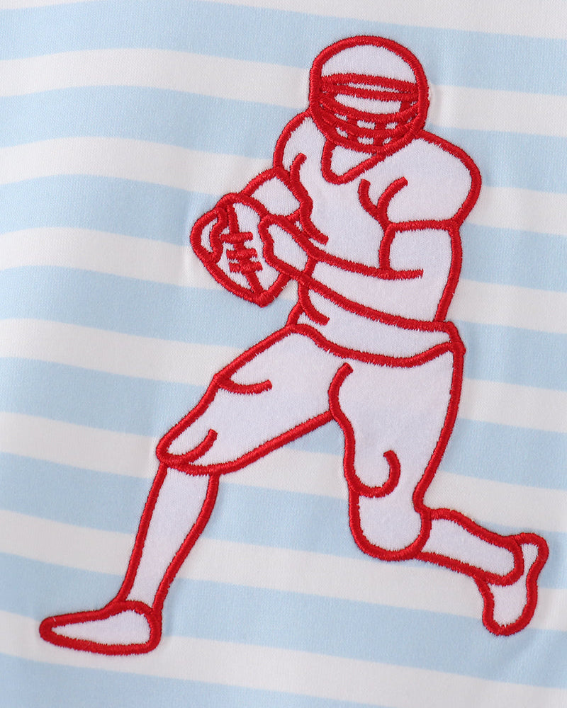 Blue and white striped romper with red football player embroidery