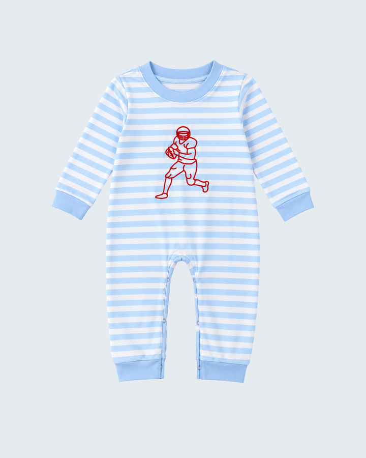 Light blue and white striped footed romper with red football player patch