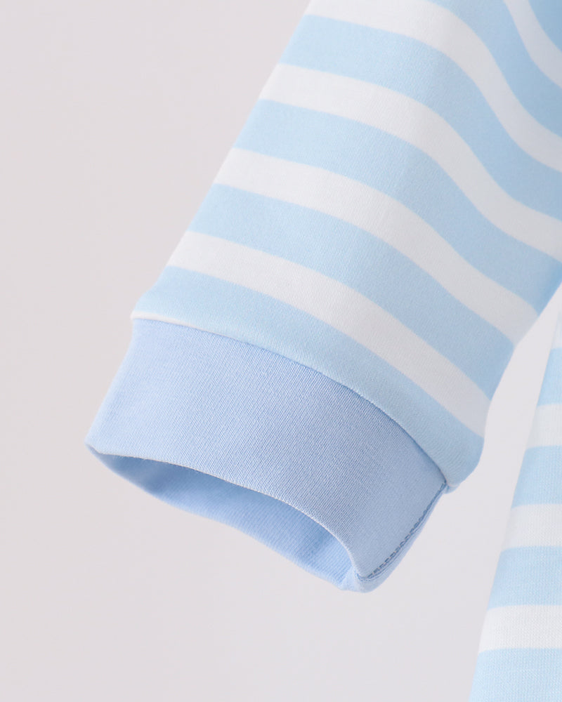 Light blue striped romper sleeve cuff with folded hem