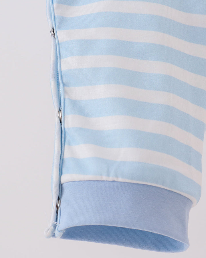 Light blue striped romper long leg hem with stitched cuff