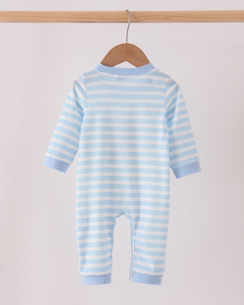 Light blue striped long-sleeve romper with back and leg openings