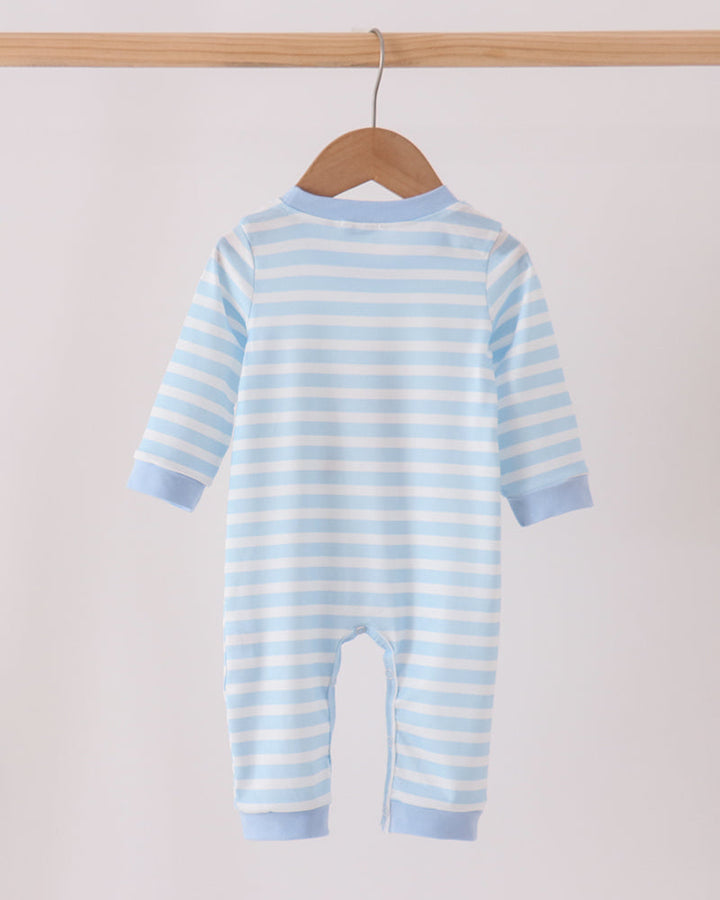 Light blue striped long-sleeve romper with back and leg openings
