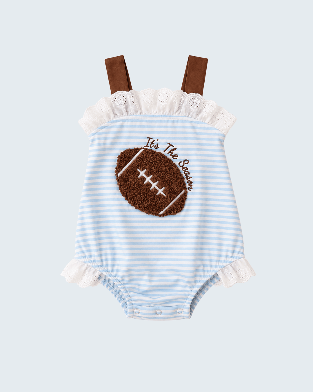 A baby romper with light blue and white horizontal stripes, featuring a brown embroidered football with &