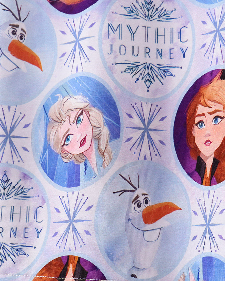 Blue character pajama fabric with Mythic Journey text and snowman and character prints