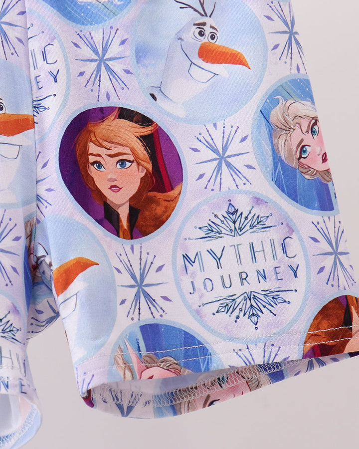 Blue character pajama shorts with elastic waist and circular face and snowflake prints